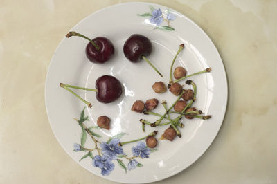 High angle view of fruits in plate on table