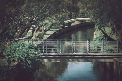 Arch bridge over lake against trees
