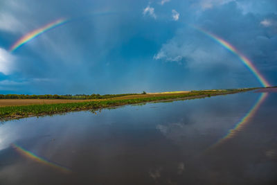 Scenic view of rainbow over lake against sky