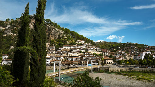 Panoramic view of trees and mountains against sky