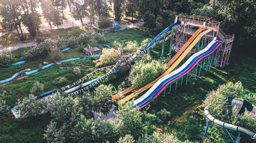 High angle view of road amidst trees