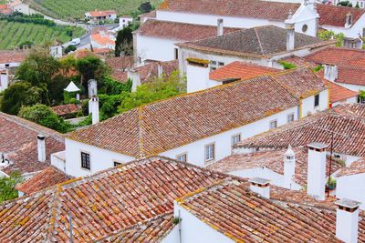 High angle view of houses in town