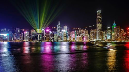 Illuminated city buildings at night