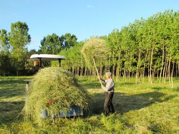 Man standing on field against trees