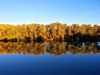 Scenic view of lake against clear blue sky