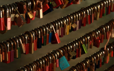 Close-up of padlocks hanging on cable