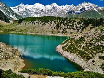 Scenic view of lake and snowcapped mountains