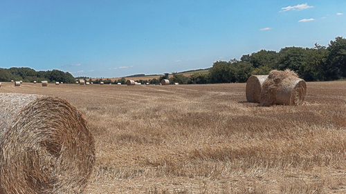 Hay bales on field against sky