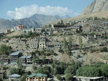High angle view of residential district against sky