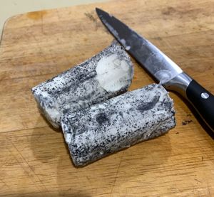 High angle view of bread on cutting board