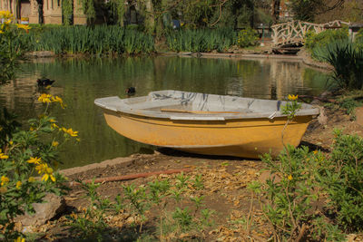 Boats moored in water by trees