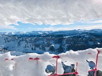 Snow covered landscape against sky