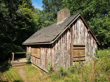 View of wooden house amidst trees and plants