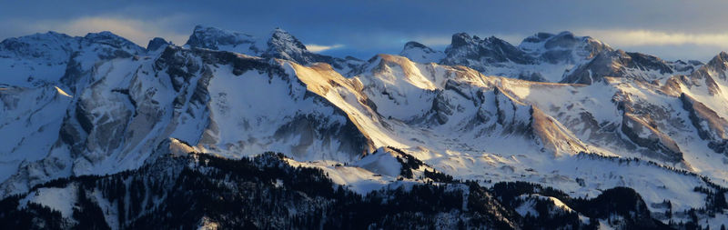 Panoramic view of snowcapped mountains against sky