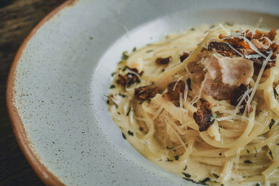 High angle view of noodles in bowl