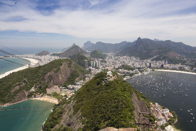 Panoramic view of city and mountains against sky