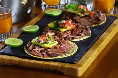 Close-up of food served on table