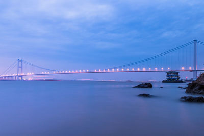 View of suspension bridge against cloudy sky