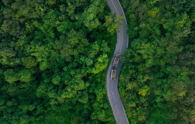 Aerial view of hydrogen energy truck driving on highway road in green forest. sustainable transport