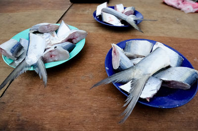 High angle view of fish on table