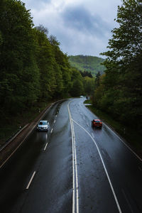 Cars on road amidst trees against sky