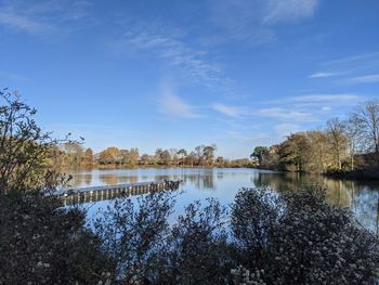 Scenic view of lake against blue sky