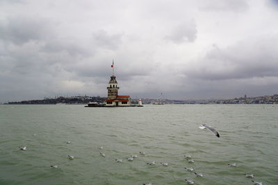 View of seagulls on sea against cloudy sky