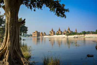 Scenic view of lake against clear sky