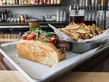 Close-up of food served on table