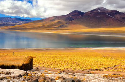 Scenic view of mountains and lake against sky