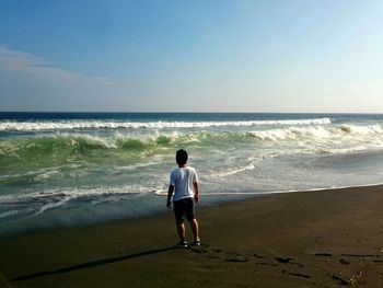 Rear view of man standing on beach against clear sky