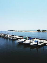 Boats moored in sea against clear sky