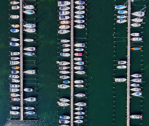 Aerial view of boats moored in sea