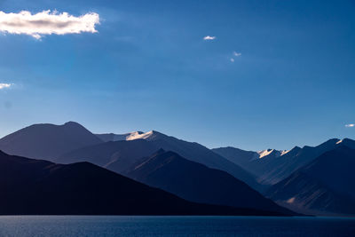 Scenic view of mountains against blue sky