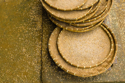 High angle view of coins on table