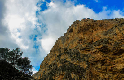 Low angle view of rocky mountains against sky