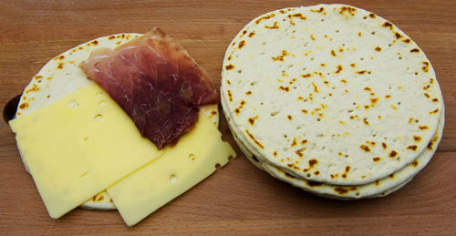 High angle view of breakfast on table