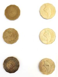 Close-up of coins on white background