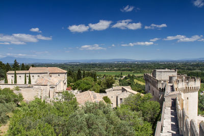 High angle view of buildings against sky