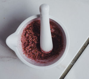 High angle view of dessert in bowl on table