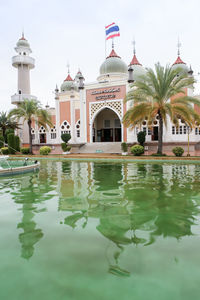 Reflection of building and palm trees in water