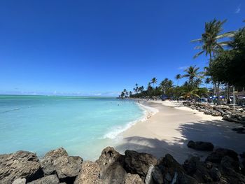 Scenic view of sea against clear blue sky