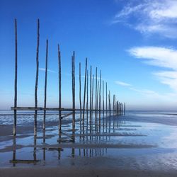 Wooden posts on beach against sky