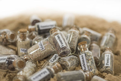 High angle view of bottles on shelf