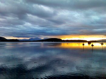 Scenic view of lake against cloudy sky