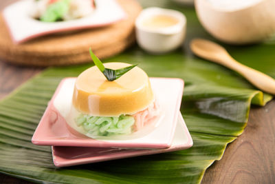 Close-up of dessert in plate on table