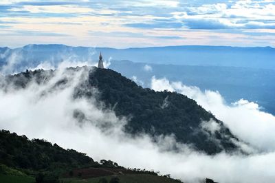 Panoramic view of mountain range against cloudy sky