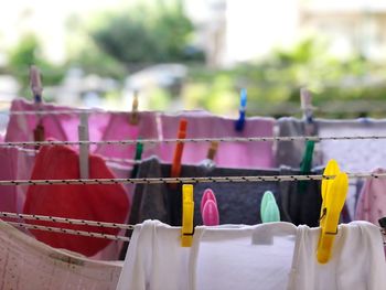 Close-up of clothes drying on clothesline