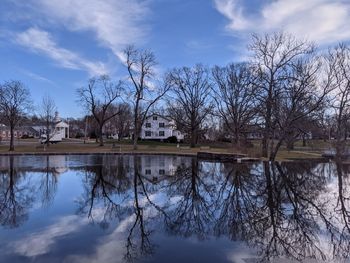 Reflection of trees in pond against sky