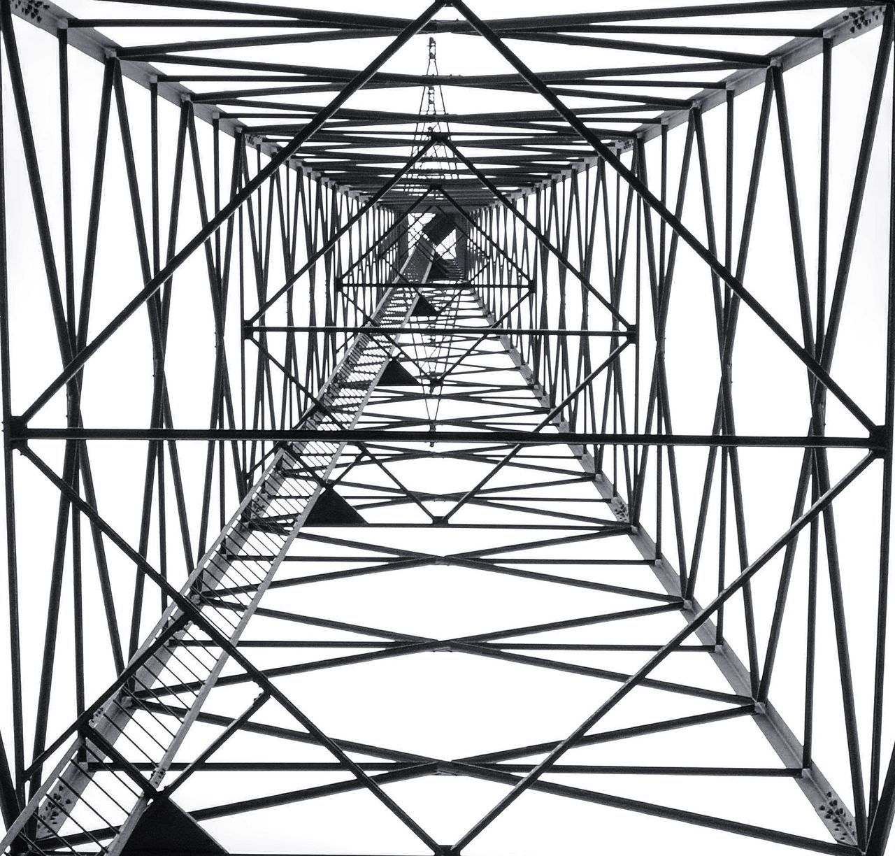 low angle view, metal, architecture, pattern, built structure, indoors, real people, one person, day, modern, sky, people